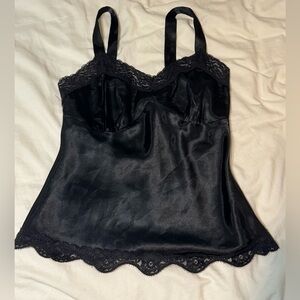 Thrift Black Satin lace trim top